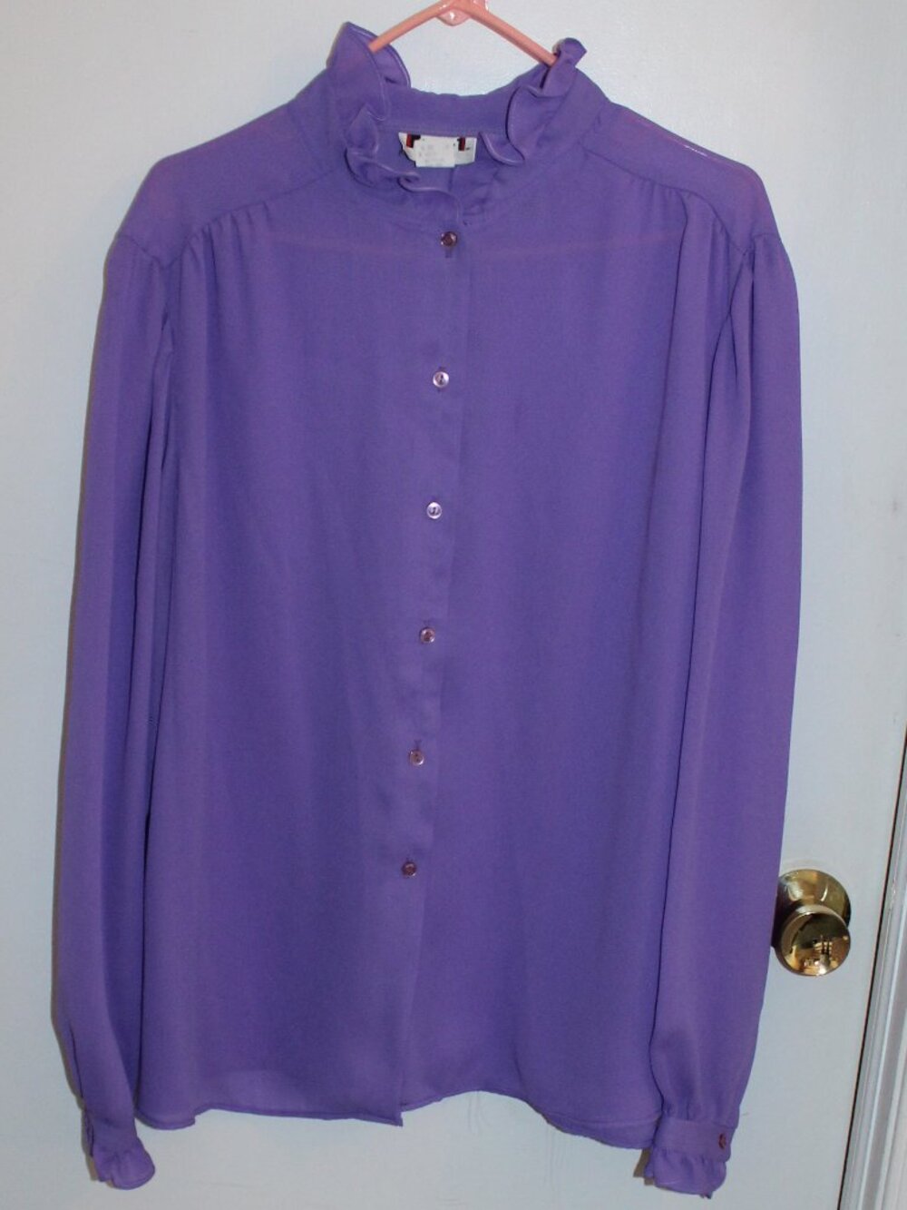 Vintage long-sleeve purple blouse, ruffled high mock neck & front button closure